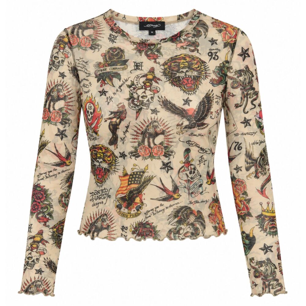 Ed Hardy Tattoo Allover Print Mesh Long Sleeve Crop TopY2K